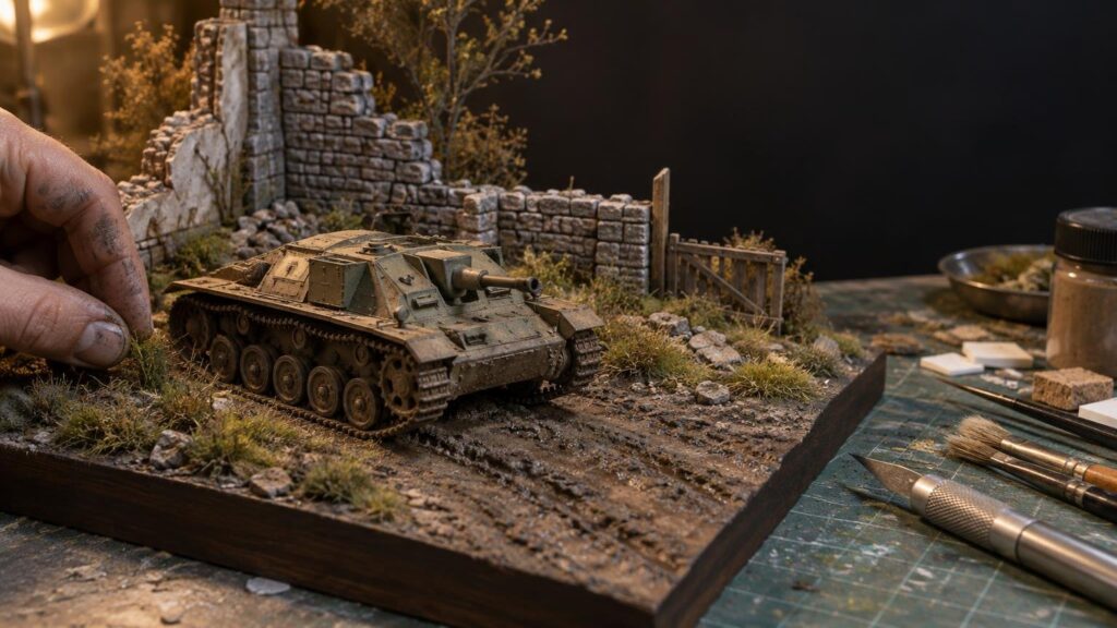 A hand adds grass to a detailed scale tank diorama with a ruined stone wall, muddy ground, miniature trees, and modeling tools on a cutting mat.