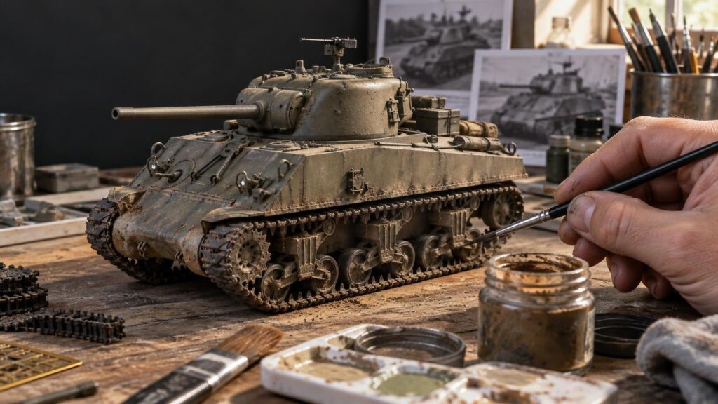 A hand uses a fine brush to apply weathering to a muddy scale tank model on a cluttered workbench with paint jars, brushes, spare track links, and black-and-white tank reference photos behind it.