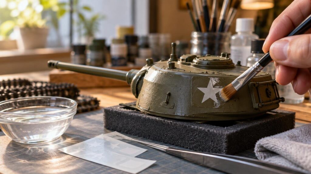 Close-up of a hand using a soft brush on a white star decal applied to the glossy olive turret of a scale tank, with water, tweezers, spare decals, and hobby supplies on a workbench.