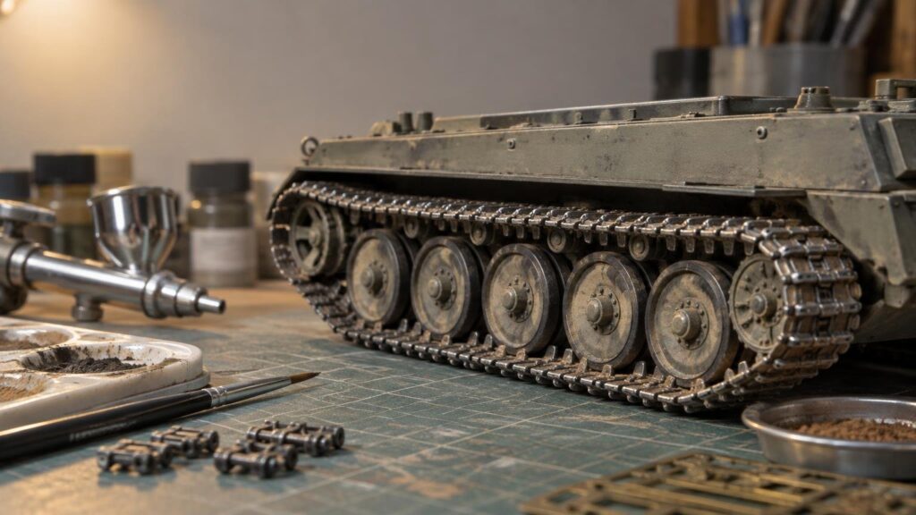 Close-up of a weathered scale armored vehicle’s metal tracks and road wheels on a gridded modeling mat, beside an airbrush, paintbrushes, loose track links, and pigment dishes.