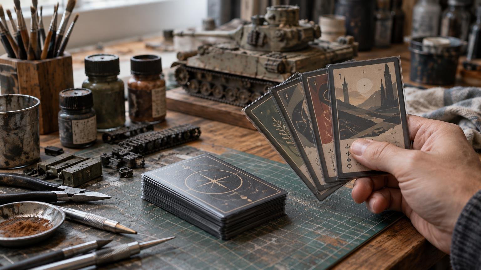 A hand fans several dark illustrated cards above a stack of cards on a paint-splattered modeling workbench, surrounded by brushes, paint bottles, tools, and a small tank model.
